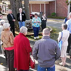 LHS President Becky Huber addressing crowd gathered for Colonial Center Marker dedication by Mayor Don Anderson (left)